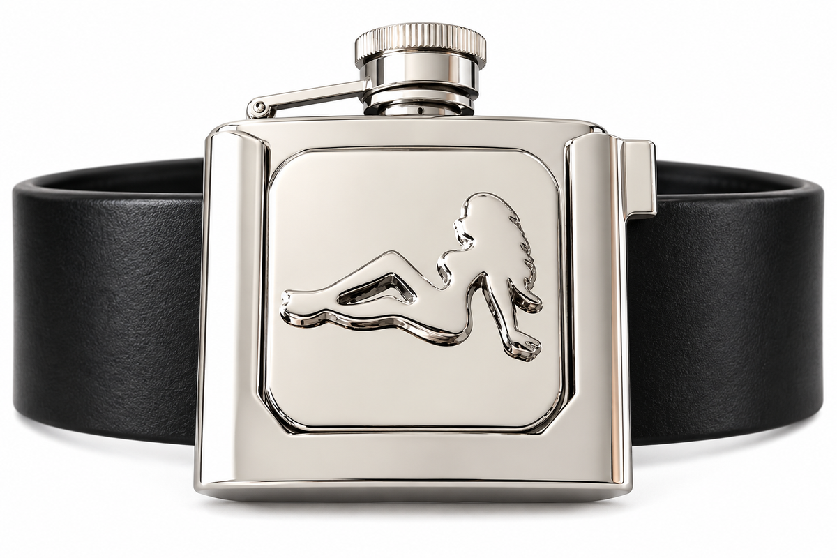 Mudflap Girl Design Trucker Belt Buckle with Removable 3 Oz Flask