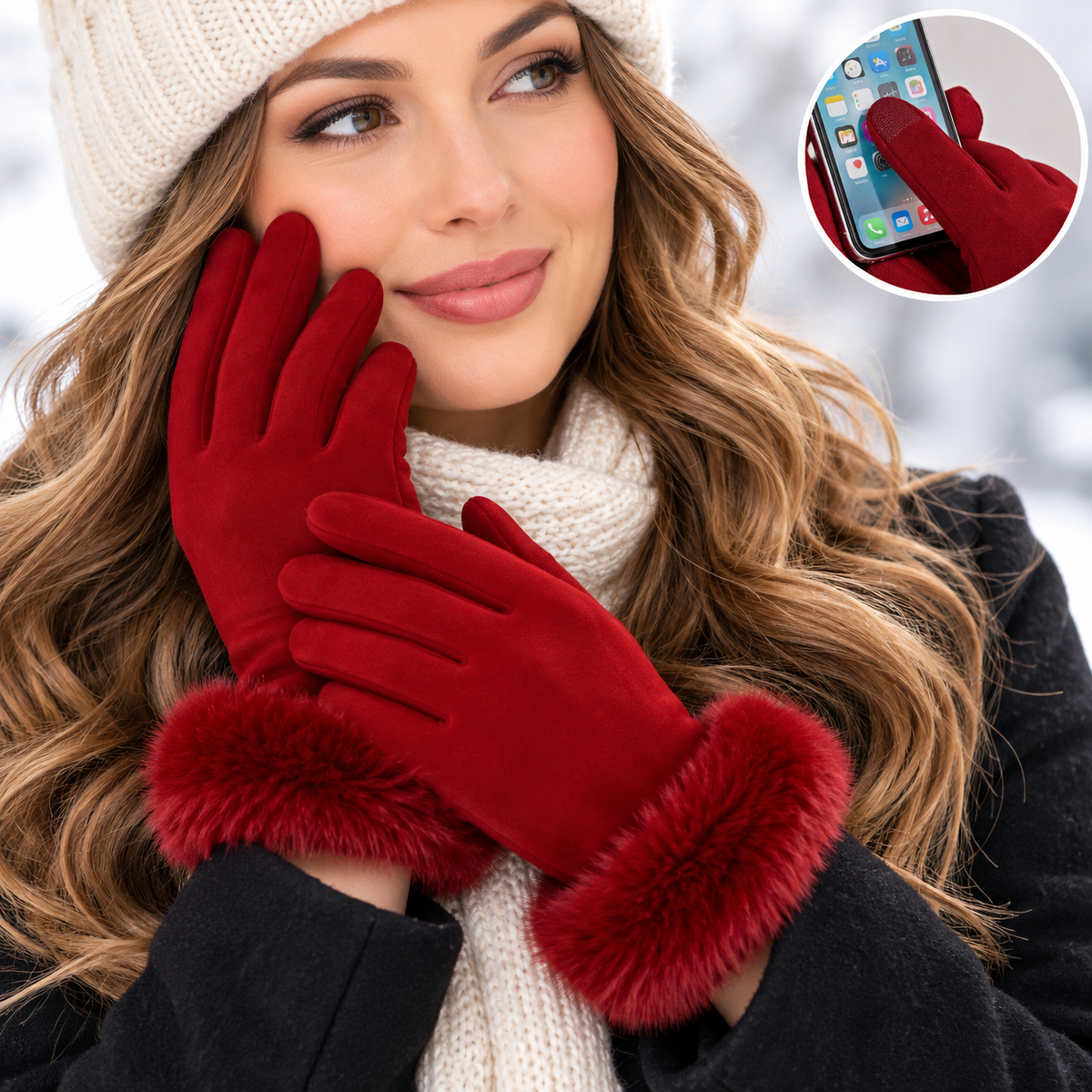Women's Touchscreen Gloves with Faux Fur Trim for Winter