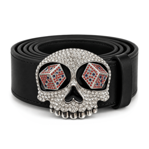 Boucle de ceinture de joueur avec yeux de dés et crâne en strass