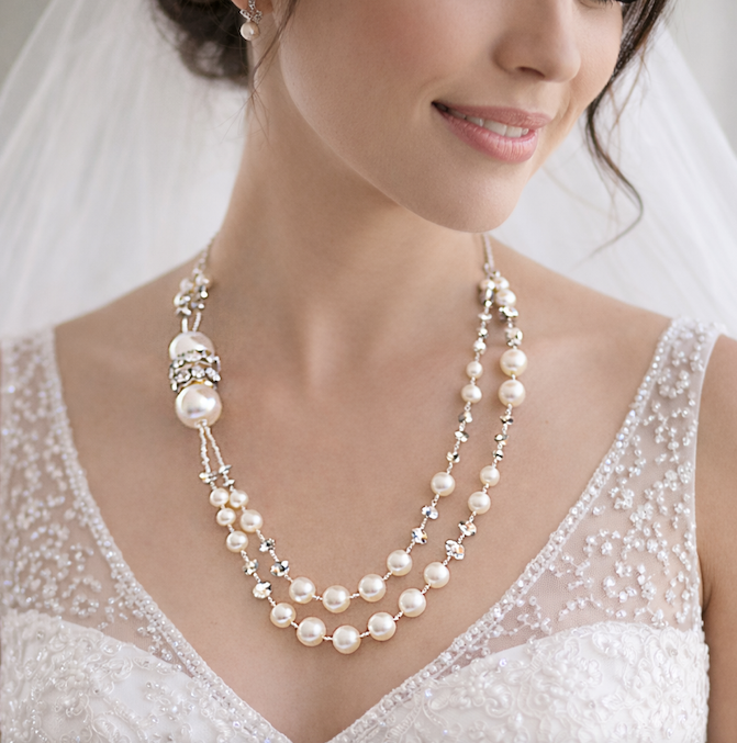 Conjunto de collar de 2 hebras de perlas sintéticas para novia y boda
