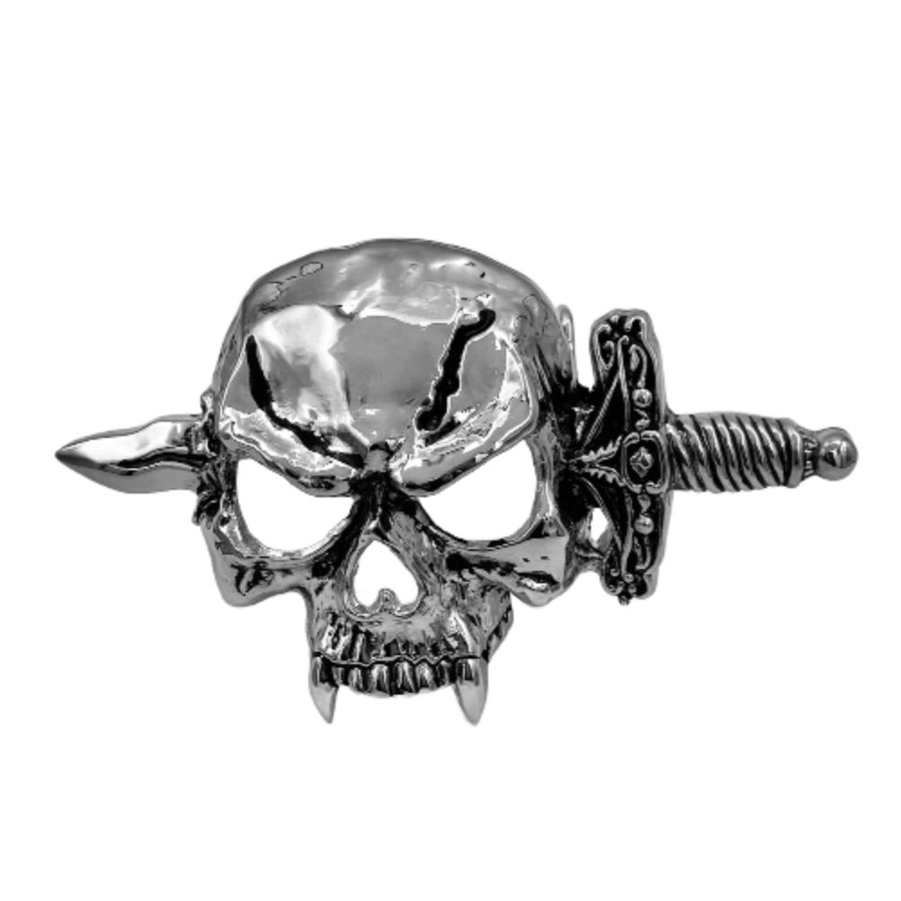 Boucle de ceinture avec crâne, poignard, os croisés, squelette, épée maléfique