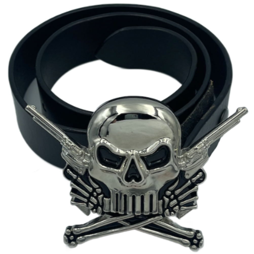 Boucle de ceinture rebelle avec tête de mort et os croisés, pistolet Revolver