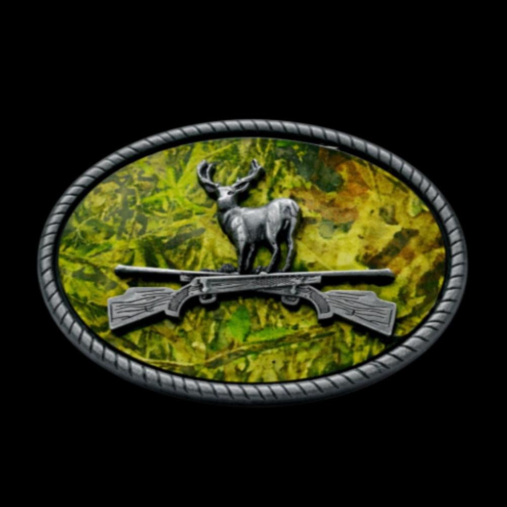 Deer Hunter Camo Rifle Big Game Hunting Belt Buckle
