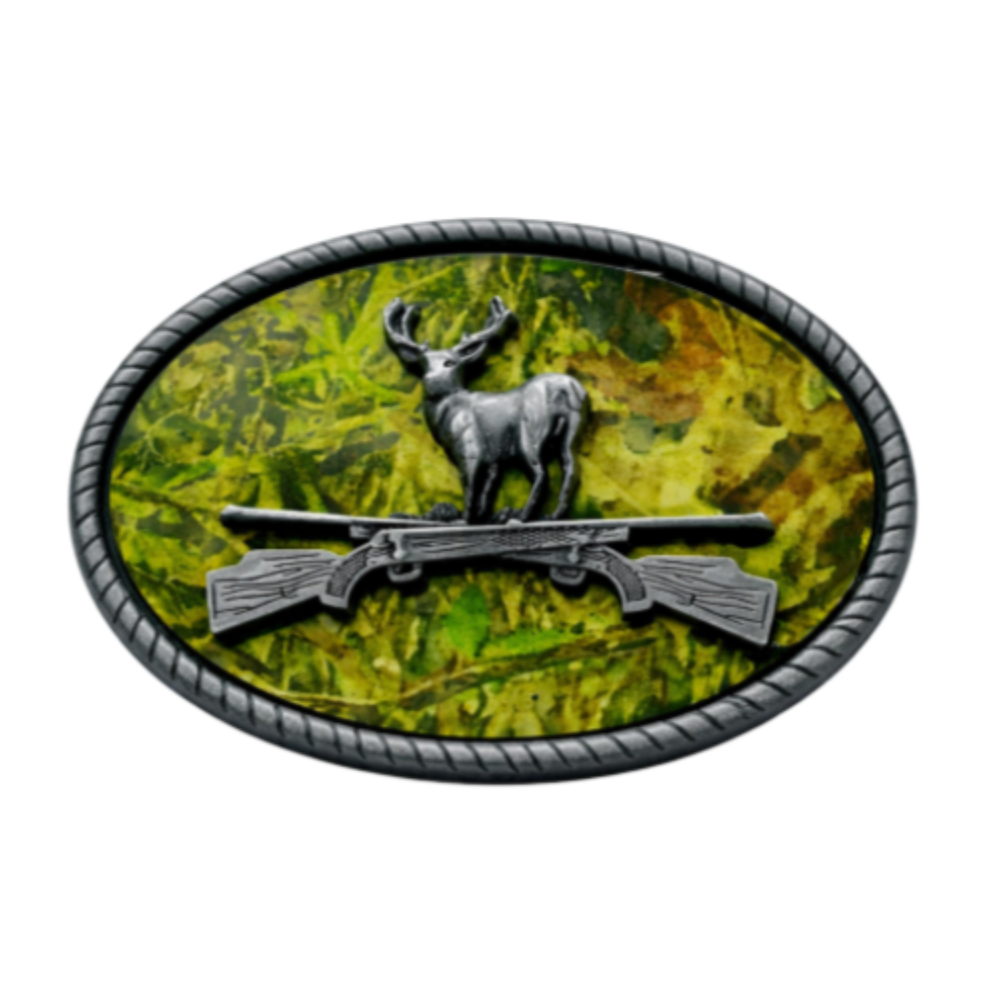 Deer Hunter Camo Rifle Big Game Hunting Belt Buckle