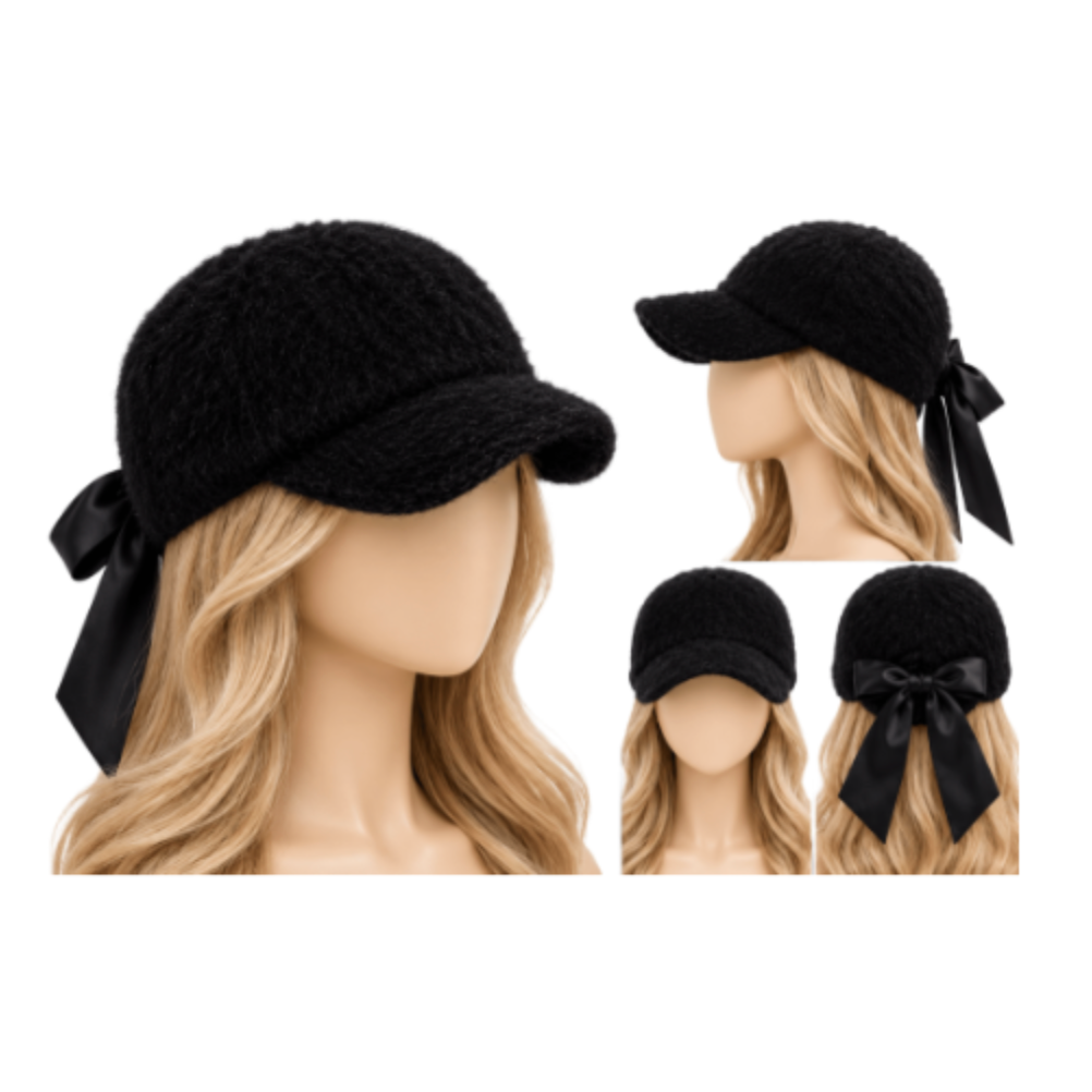Black Fuzzy Baseball Cap with Satin Bow Women’s Soft Textured Hat Chic Casual