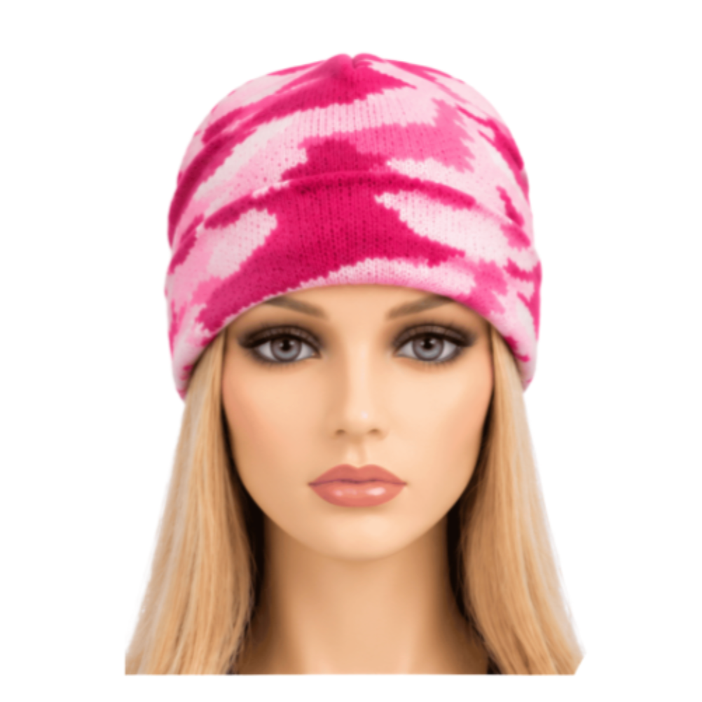 Pink Knit Beanie Hat for Women – Warm Cuffed Winter Cap