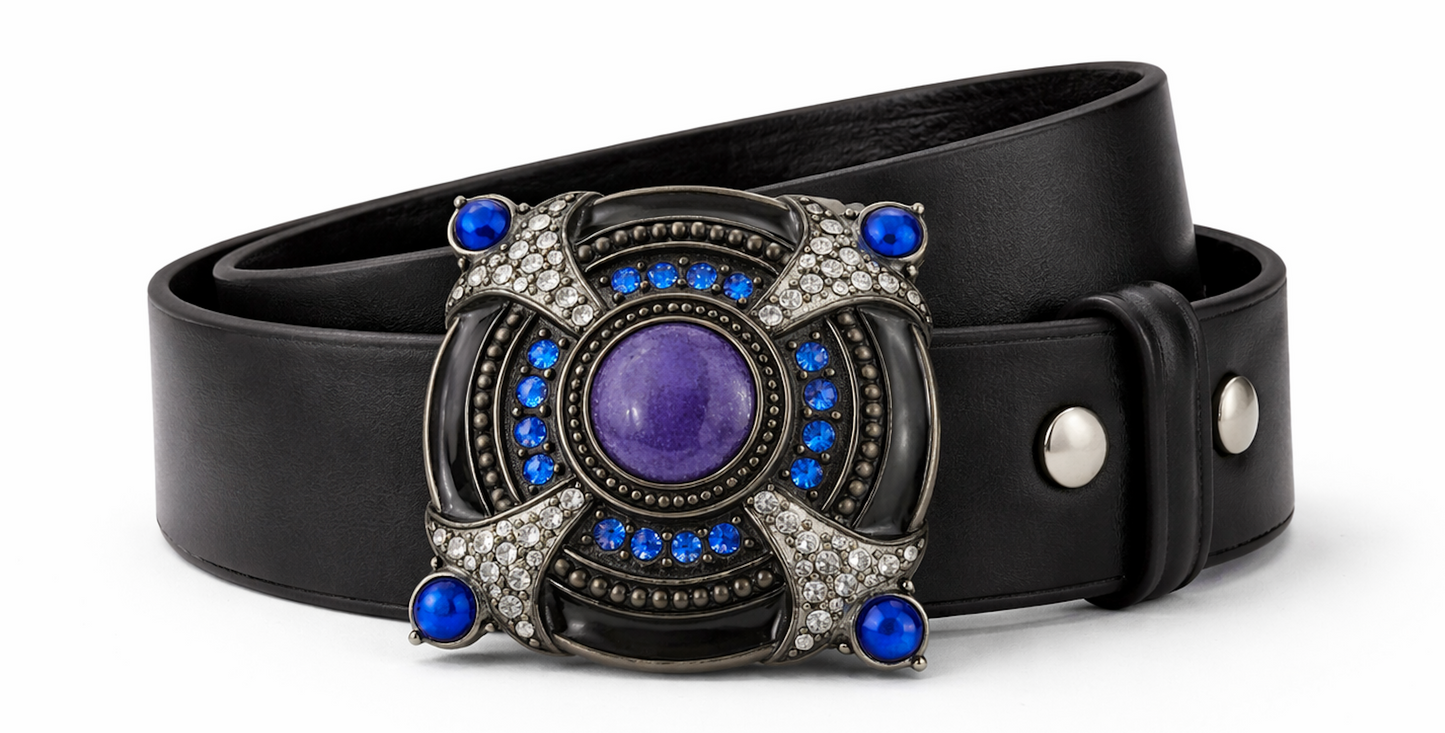 Hebilla de cinturón única para mujer con diamantes de imitación blancos y piedra azul