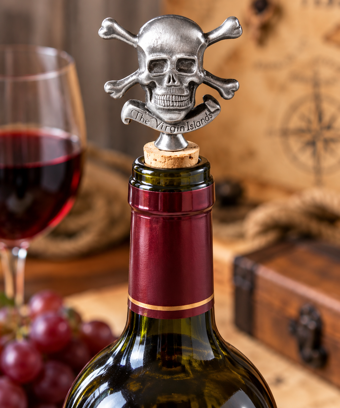 Pirates Skull Crossbones Virgin Islands Caribbean Pewter Skull Wine Bottle Stopper