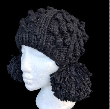 Black Two Pom Pom Knitted Ladies Fashion Ski Winter Hat Beanie