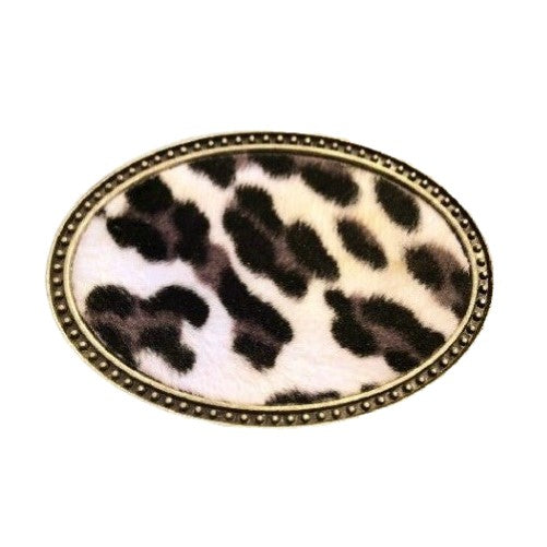 Boucle de ceinture ovale occidentale en poils de veau véritable imprimé léopard/vache