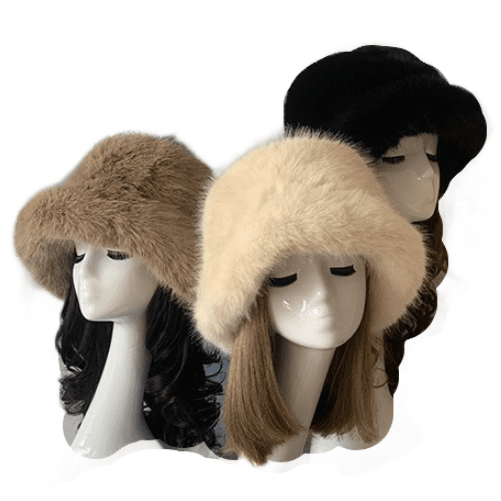 Gorro de invierno de mujer de felpa borrosa con forma de cubo de piel sintética de gran tamaño