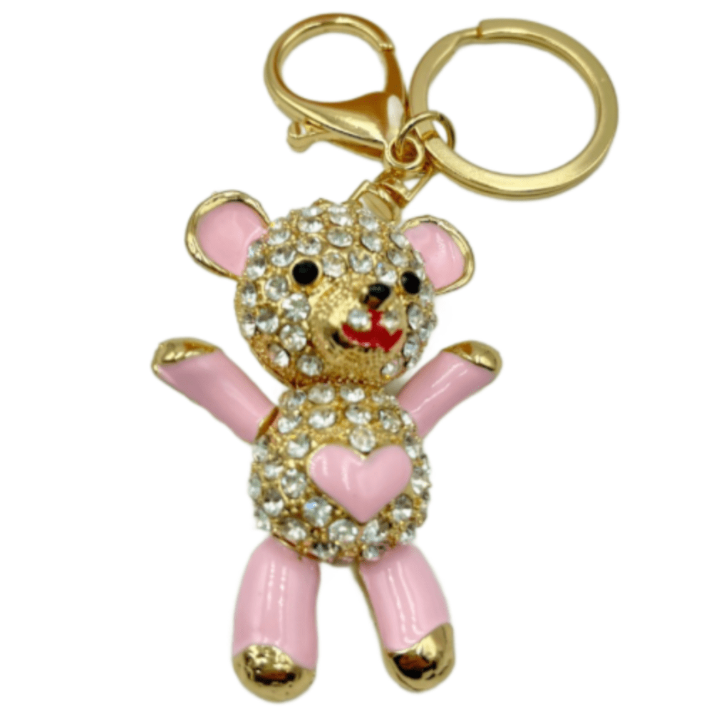 Llavero con diamantes de imitación de cristal y osito de peluche rosa, bolso de mano, llavero Bling