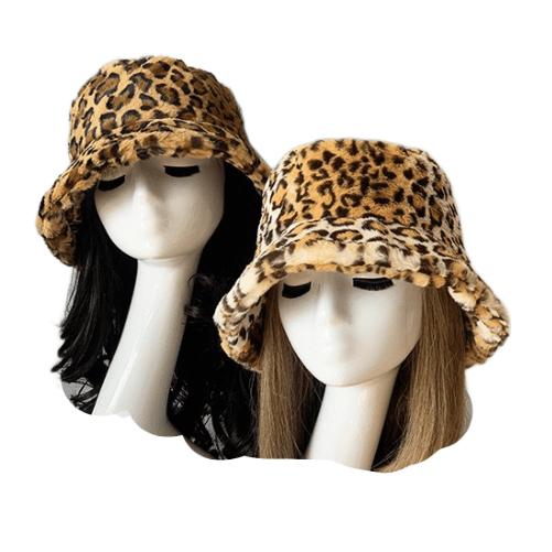 Soft Faux Fur Bucket Hat Furry Leopard Animal Print for Women Winter Cozy