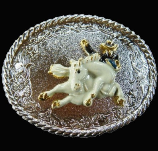 Western Rodeo Rider White Horse Belt Buckle