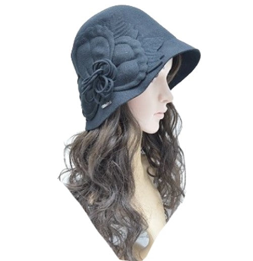Women's Black GATSBY 20s Winter Wool Cap Beanie Cloche Bucket Floral Hat