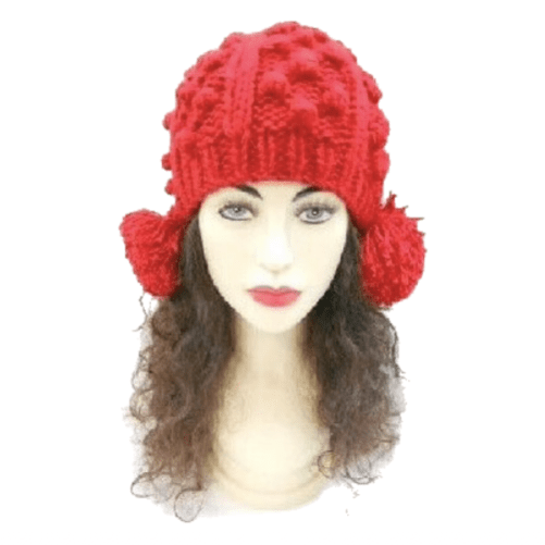 Womens Light Red Two Pom Pom Knitted Ladies Fashion Winter Ski Hat Beanie