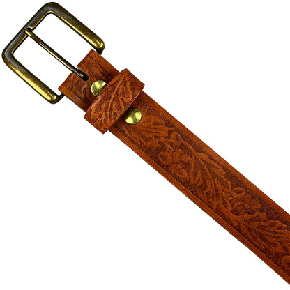 1.5"(38mm) Embossed Oak Full Grain Leather Belt Handmade in Canada by Zelikovitz Size 26-46