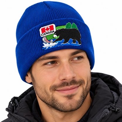 Beanie Hat Canada Flag Maple Leaf Ice Fishing Bear Winter Ski Toque