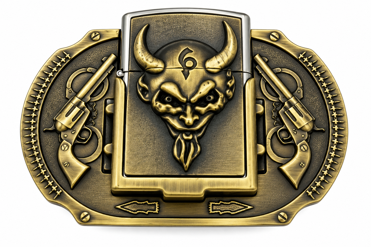 Devil Face Western Belt Buckle with 2 Colts Flint Lighter Included