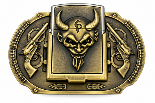Devil Face Western Belt Buckle with 2 Colts Flint Lighter Included
