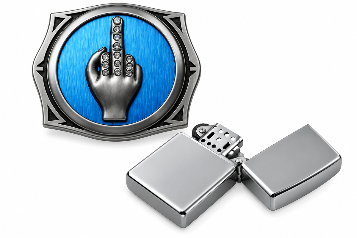 Funny One Finger Salute Belt Buckle Novelty Flint Lighter Included