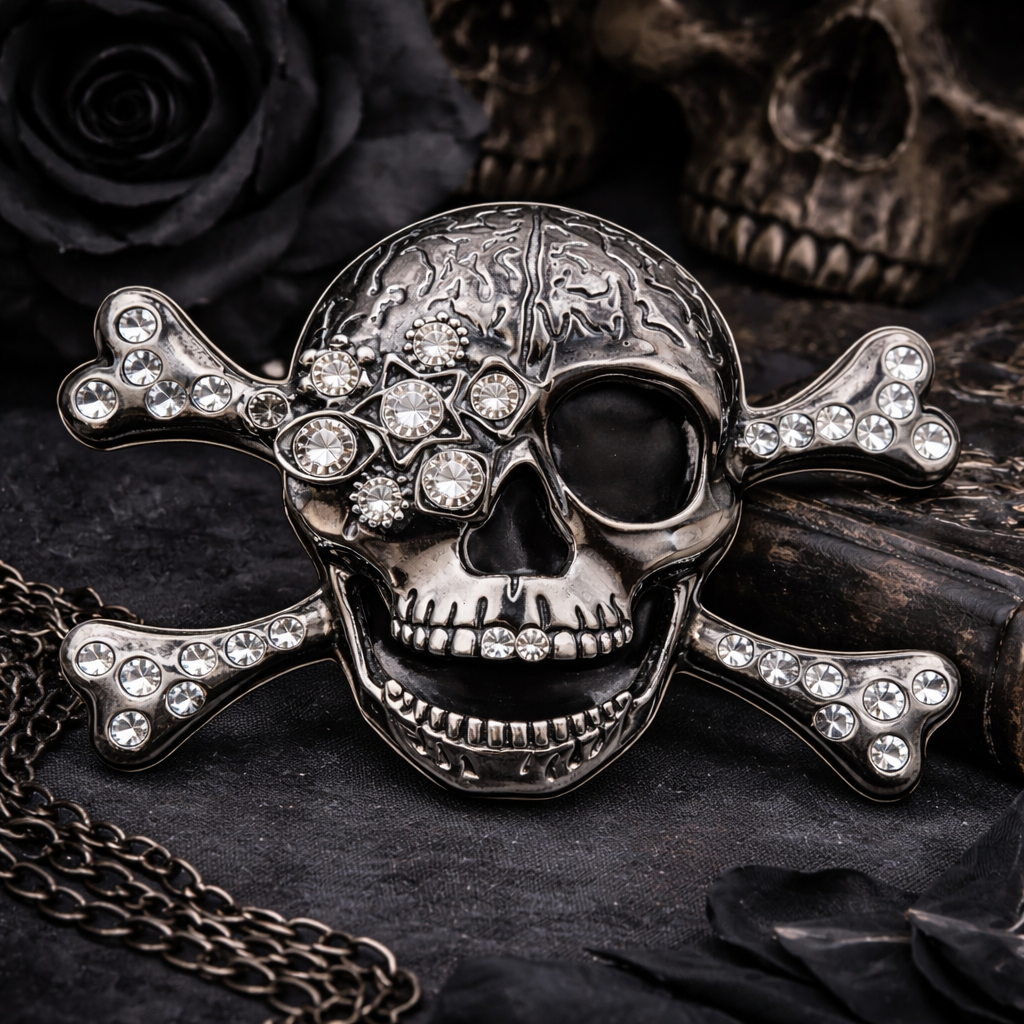 Hebilla de cinturón fresca con diamantes de imitación y calaveras