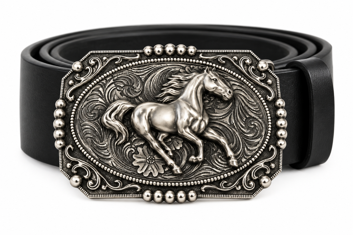 Western Horse Belt Buckle Floral Equestrian Design Cowboy Fashion Accessory