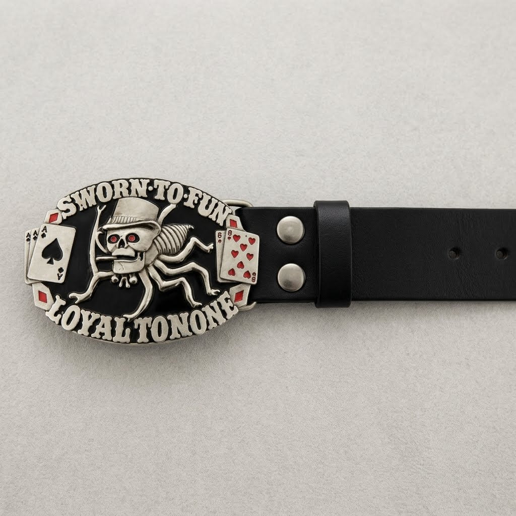 Sworn Loyal Spider Skull Casino Gambling Belt Buckle | Gambler Fashion Style