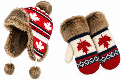 Canada Maple Leaf Faux Fur Aviator Hat Ear Flaps Mittens Set