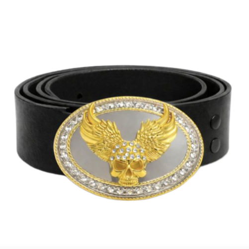 Skull Bling Wings Gold Chrome Rhinestone Western Belt Buckle