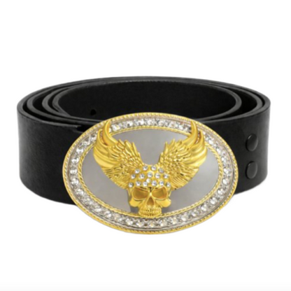 Skull Bling Wings Gold Chrome Rhinestone Western Belt Buckle