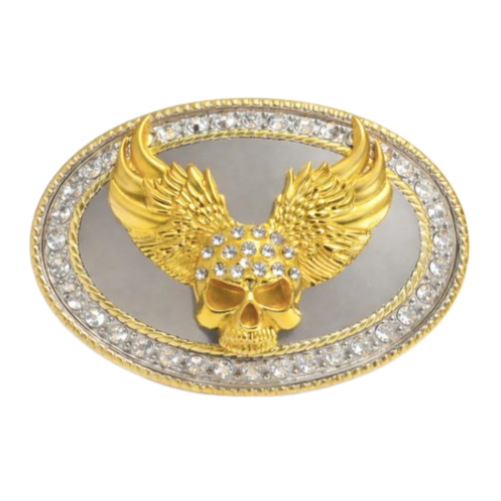 Skull Bling Wings Gold Chrome Rhinestone Western Belt Buckle