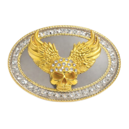 Skull Bling Wings Gold Chrome Rhinestone Western Belt Buckle