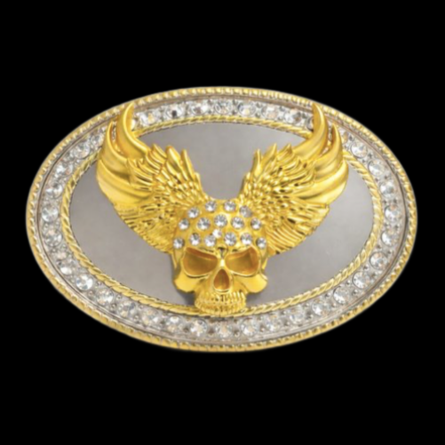Skull Bling Wings Gold Chrome Rhinestone Western Belt Buckle