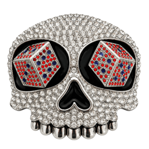 Boucle de ceinture de joueur avec yeux de dés et crâne en strass