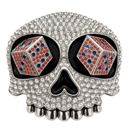 Boucle de ceinture de joueur avec yeux de dés et crâne en strass