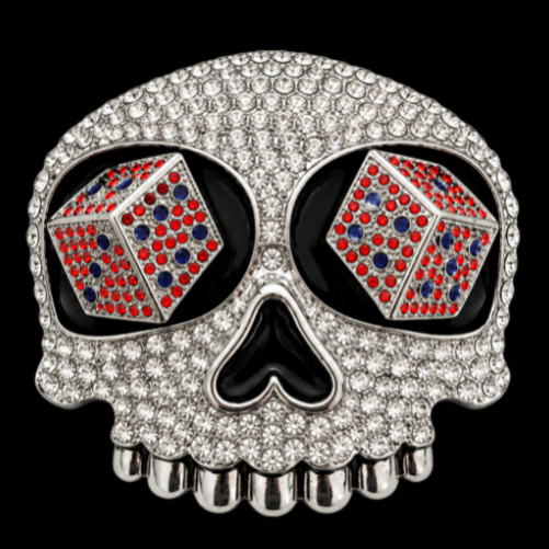 Boucle de ceinture de joueur avec yeux de dés et crâne en strass