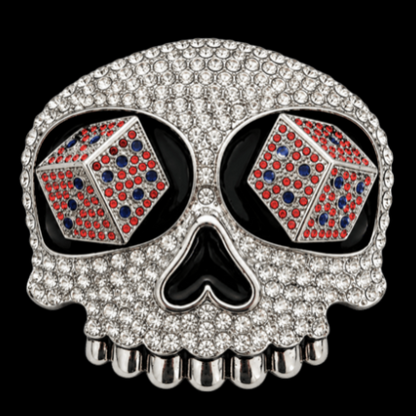 Boucle de ceinture de joueur avec yeux de dés et crâne en strass