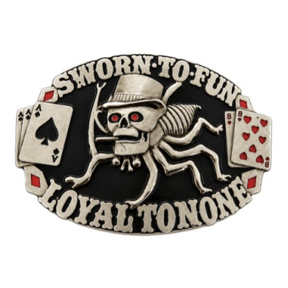 Sworn Loyal Spider Skull Casino Gambling Belt Buckle