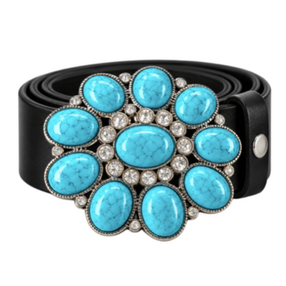 Bohemian Flower Hippie Turquoise Floral Rhinestone Belt Buckle