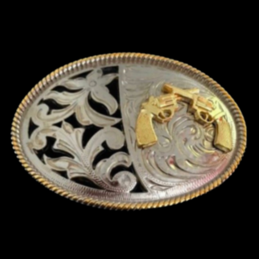 Western Style Cowboy Crossed Gun Shooter Belt Buckle Silver Gold Tone Buckles