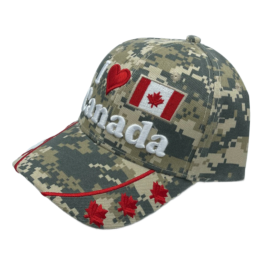 I Love Canada Flag Red Maple Leaf Forest Canadian Camouflage Embossed Hat Cap