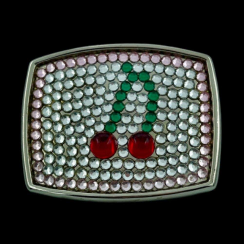 White Rhinestone Cherries Hot Cherry Pop Belt Buckle