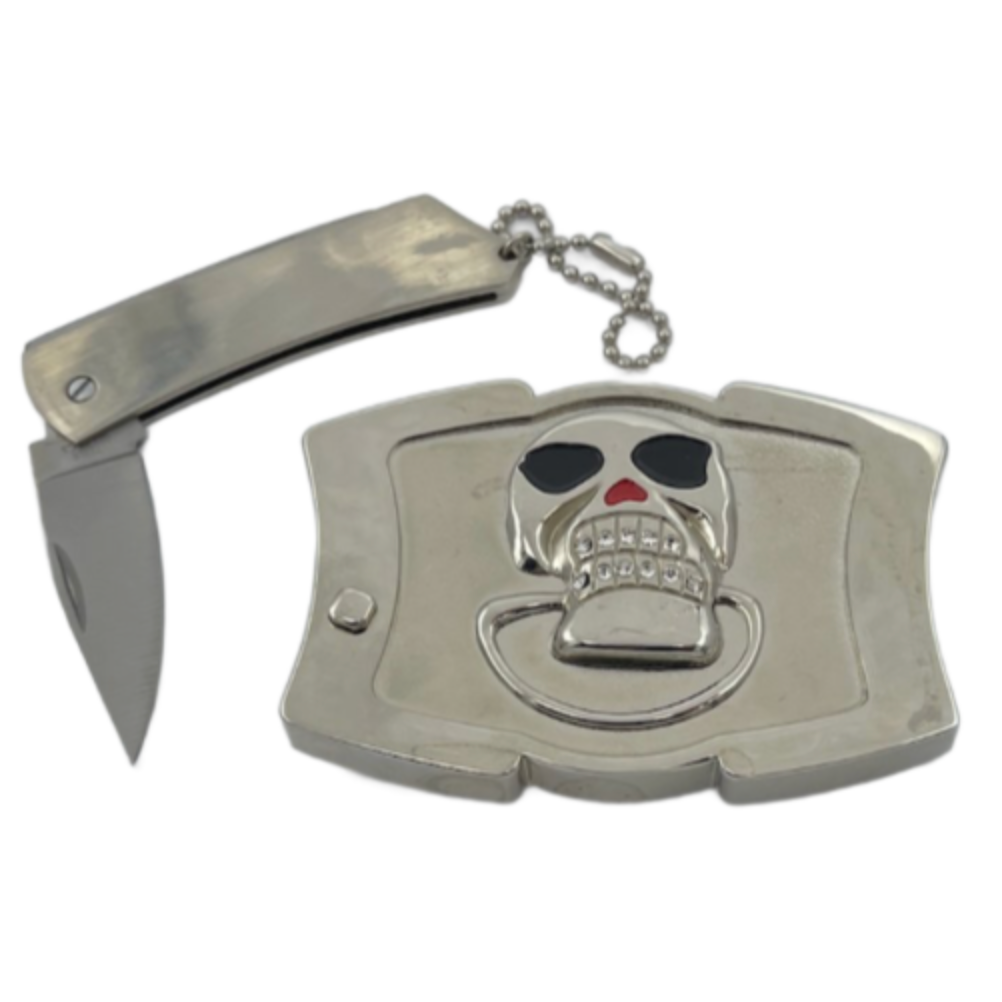 Skull Head Crossbones Utility Blade Pocket Knife Belt Buckle