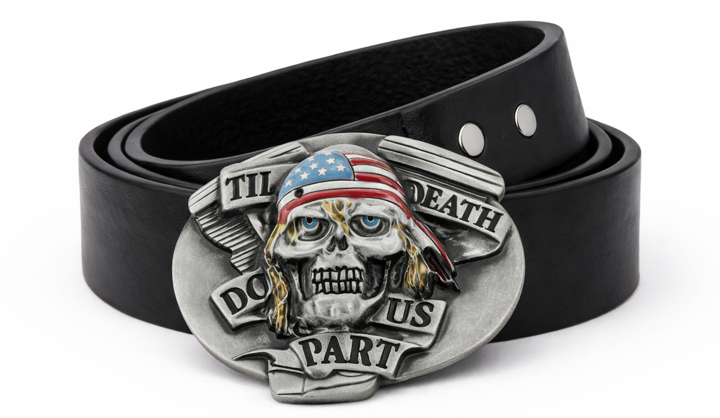 Hebilla de cinturón de motociclista con bandera de EE. UU., Calavera hasta que la muerte nos separe