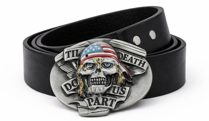 Hebilla de cinturón de motociclista con bandera de EE. UU., Calavera hasta que la muerte nos separe