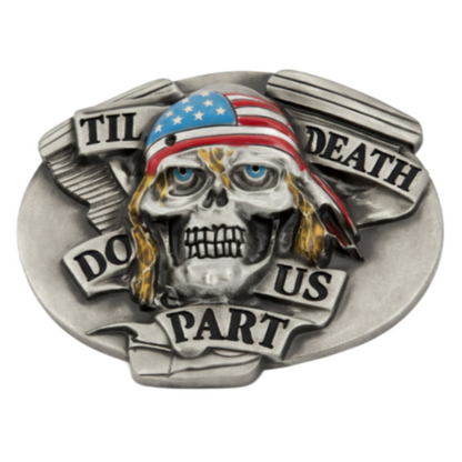 Hebilla de cinturón de motociclista con bandera de EE. UU., Calavera hasta que la muerte nos separe