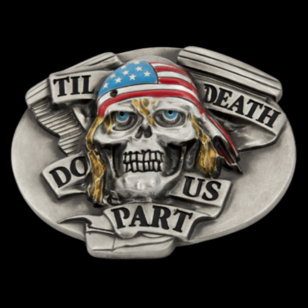 Hebilla de cinturón de motociclista con bandera de EE. UU., Calavera hasta que la muerte nos separe