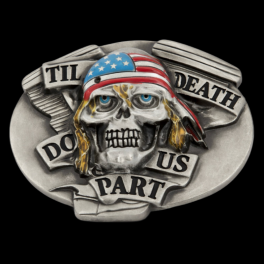 Skull Till Death Do Us Part USA Flag Biker Belt Buckle