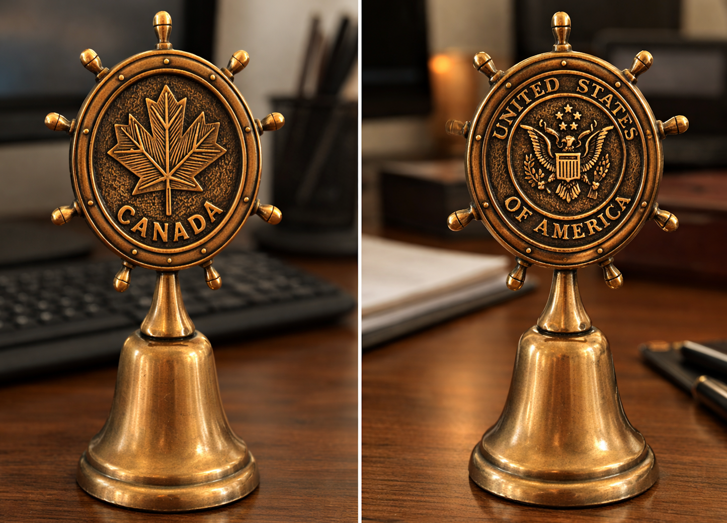 Bell Nautical Ship Wheel Stern U.S Canada Flag Coat Arms Navy Anchor Insignia